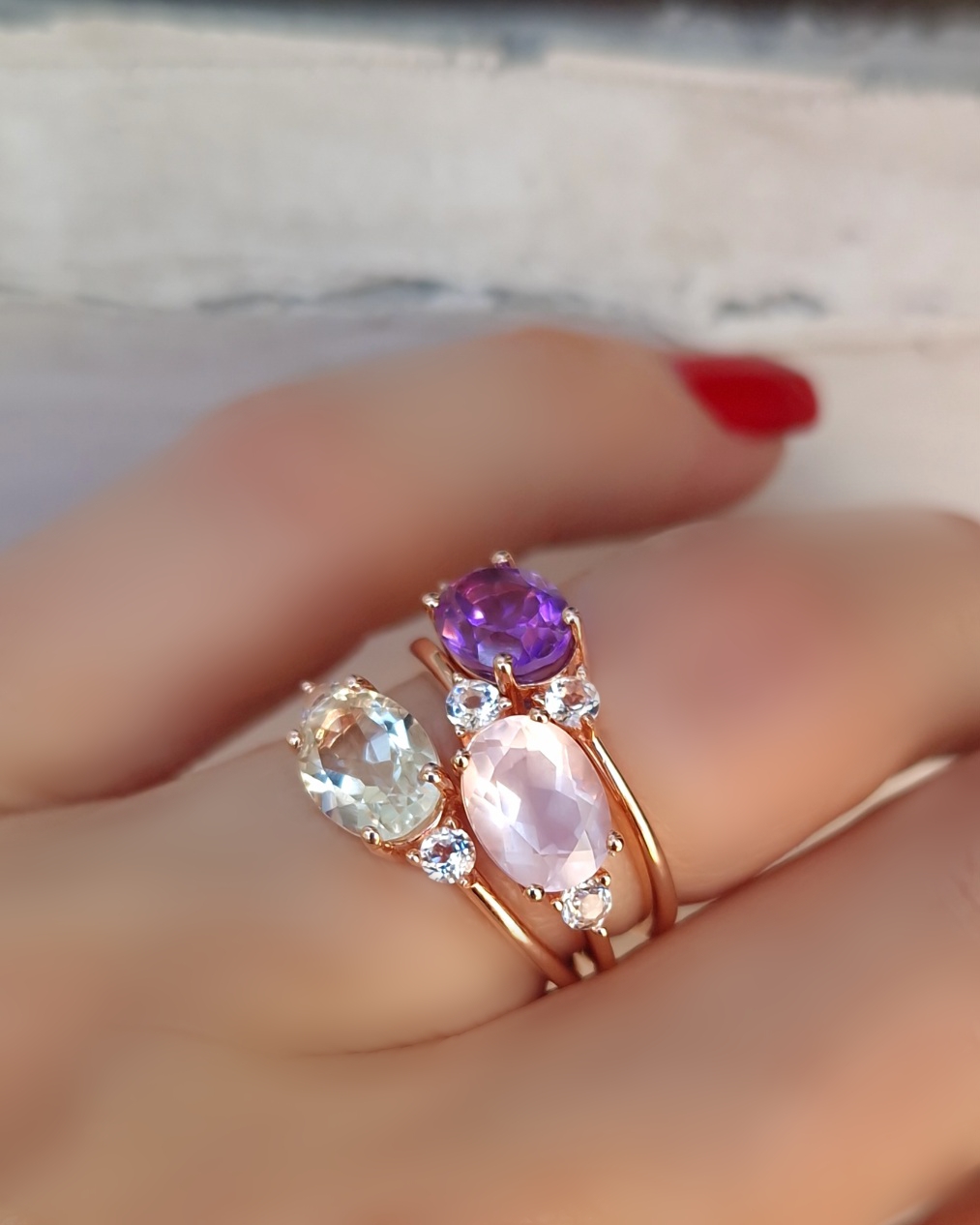 Bagues Délicieuse argent doré or rose, améthyste lavande, quartz rose et prasiolite