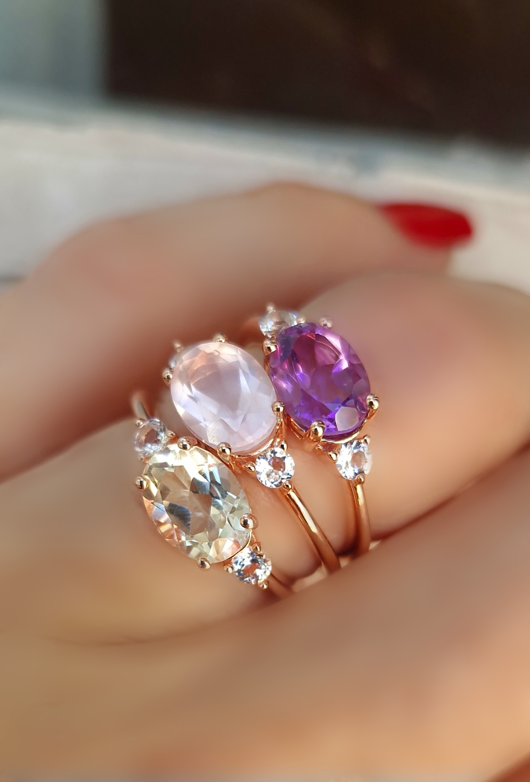 Bagues Délicieuse argent doré or rose, améthyste lavande, quartz rose et prasiolite