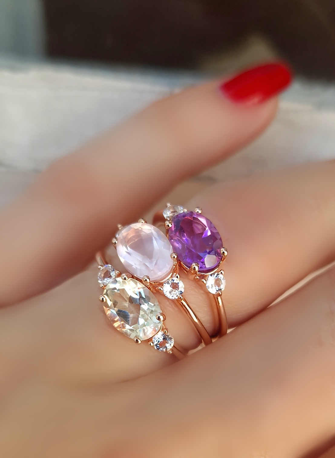 Bagues Délicieuse argent doré or rose, améthyste lavande, quartz rose et prasiolite