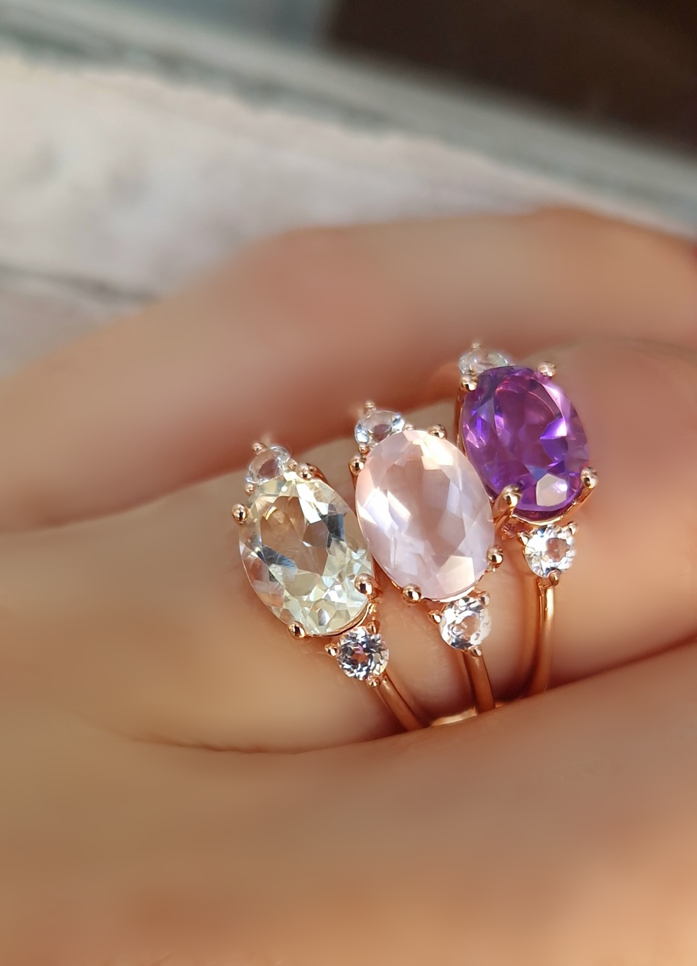 Bagues Délicieuse argent doré or rose, améthyste lavande, quartz rose et prasiolite