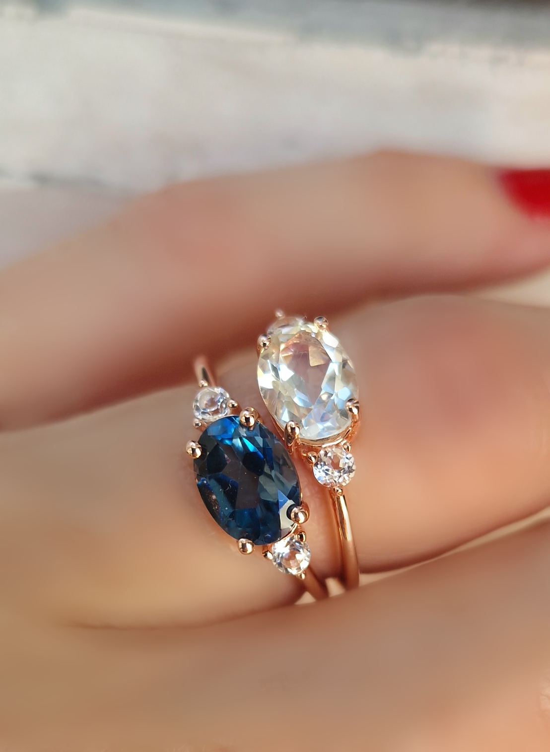 Bagues Délicieuse argent doré or rose, prasiolite et topaze blue london