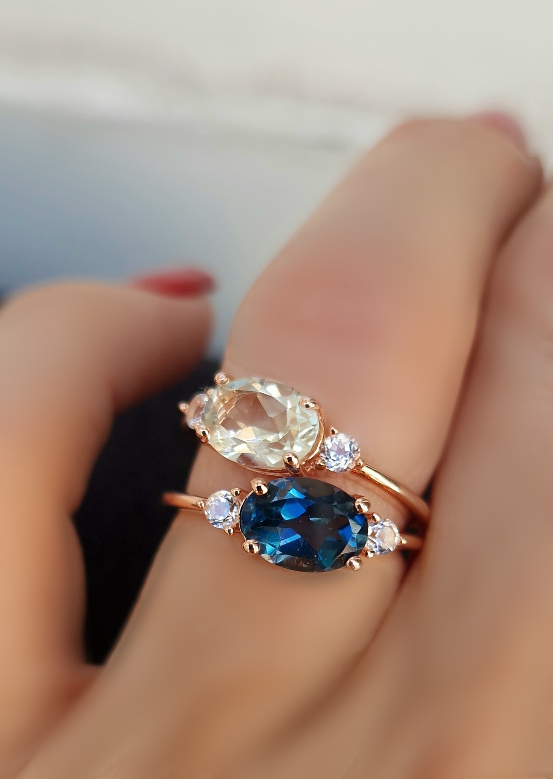 Bagues Délicieuse argent doré or rose, prasiolite et topaze blue london