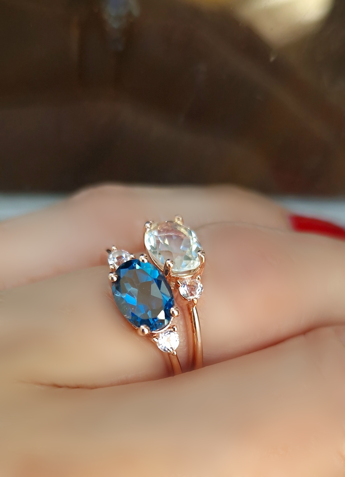 Bagues Délicieuse argent doré or rose, prasiolite et topaze blue london