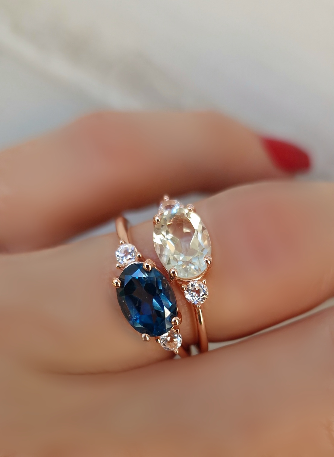 Bagues Délicieuse argent doré or rose, prasiolite et topaze blue london