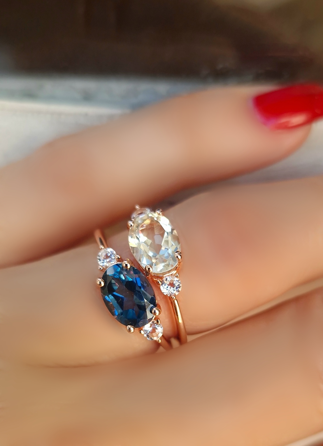 Bagues Délicieuse argent doré or rose, prasiolite et topaze blue london