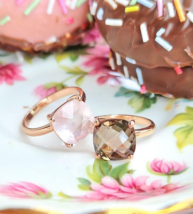 Bagues Solitaire argent 925 doré or rose, quartz rose et quartz fumé
