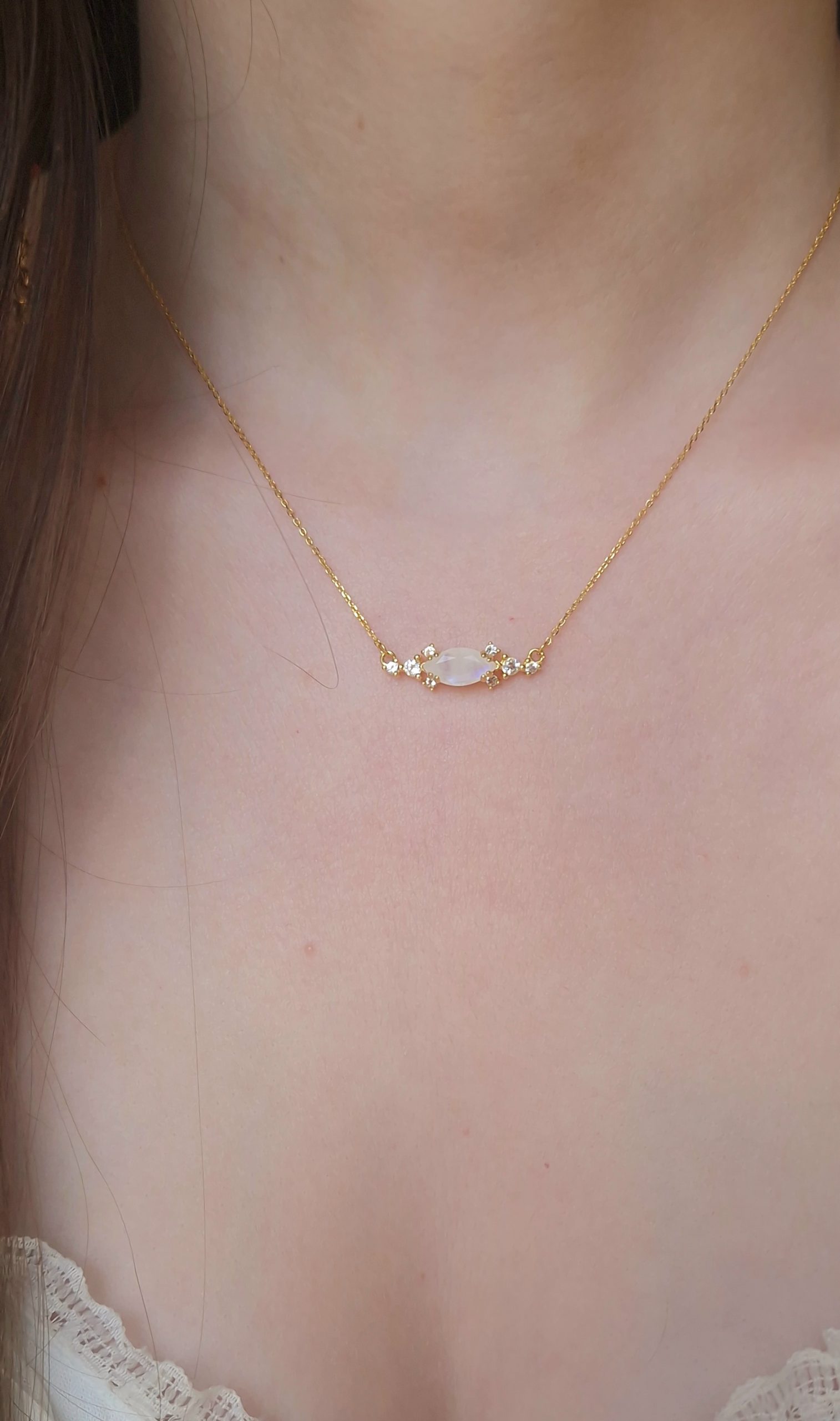 Collier Cléa argent 925 doré or jaune et pierre de lune marquise