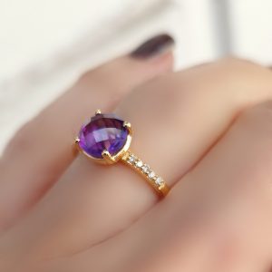 Bague Pompon pavage diamant argent 925 doré or jaune et améthyste