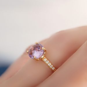 Bague Pompon pavage diamant argent 925 doré or jaune et améthyste lavande