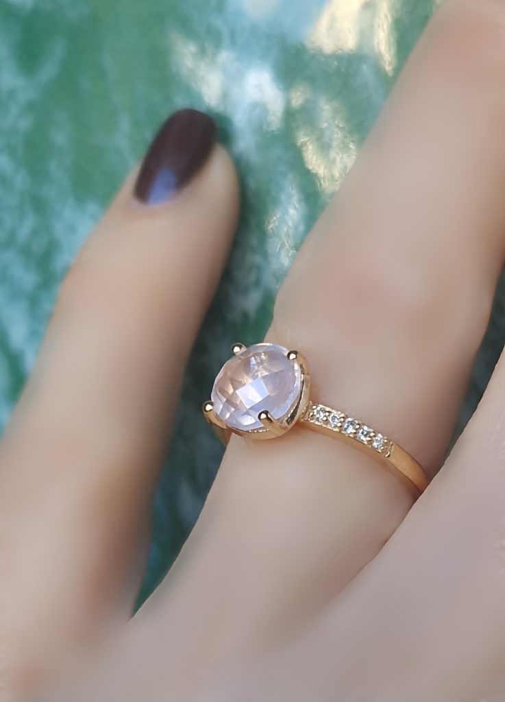 Bague Pompon pavage diamant argent 925 doré or jaune et quartz rose