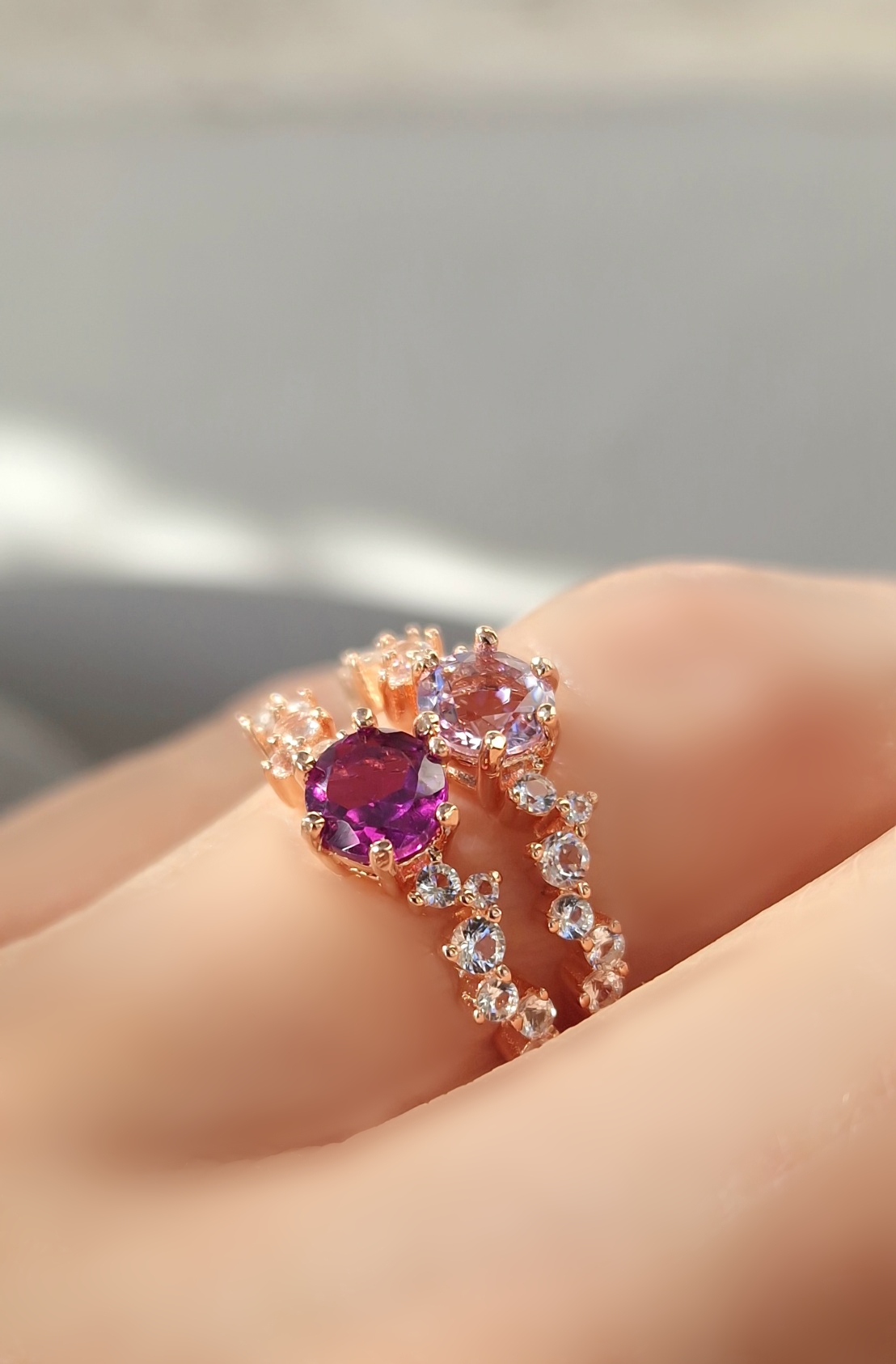 Bagues Aurore  argent 925 doré or rose,  améthyste lavande, grenat rhodolite et  petites topazes incolores