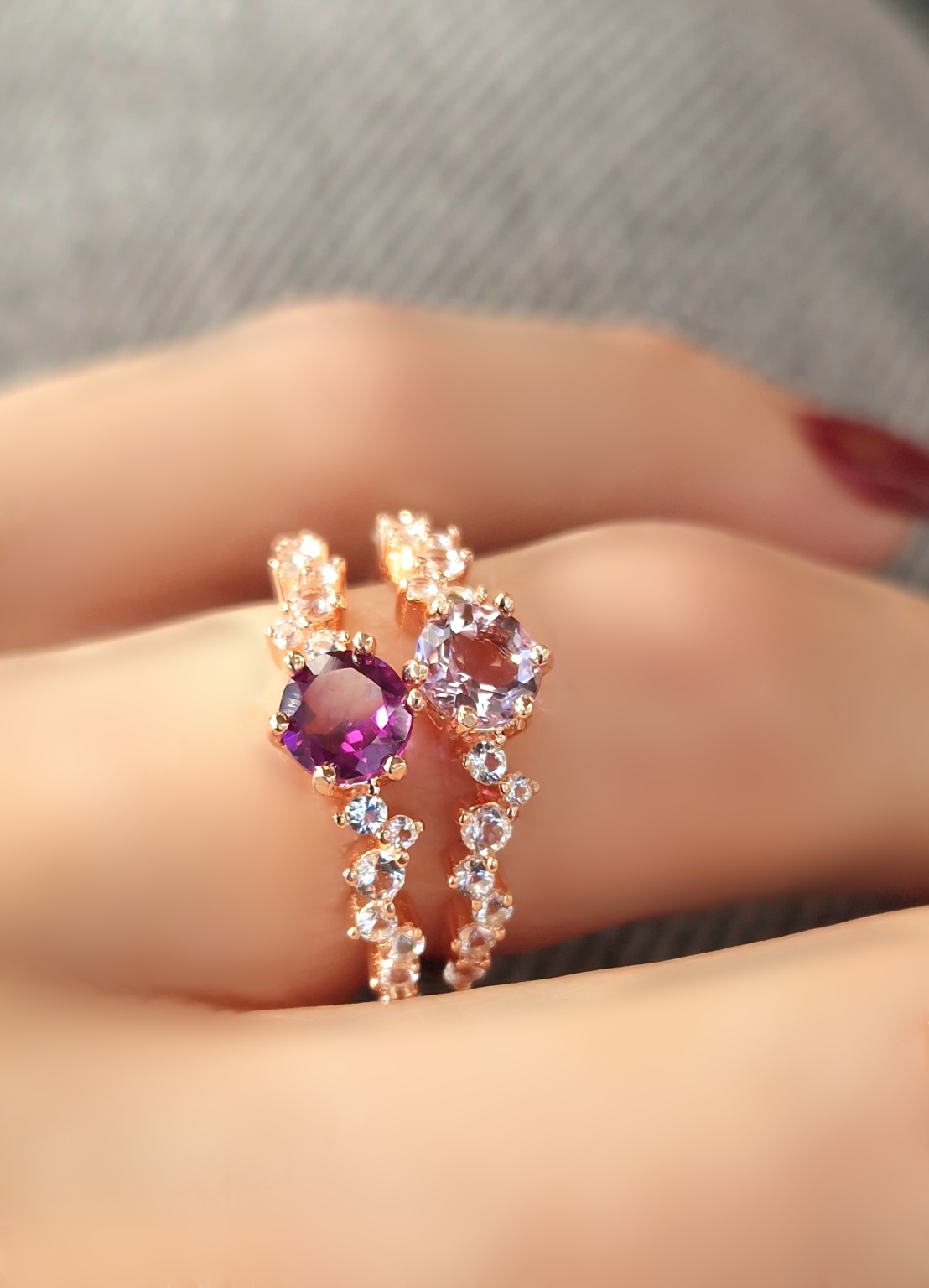 Bagues Aurore  argent 925 doré or rose,  améthyste lavande, grenat rhodolite et  petites topazes incolores