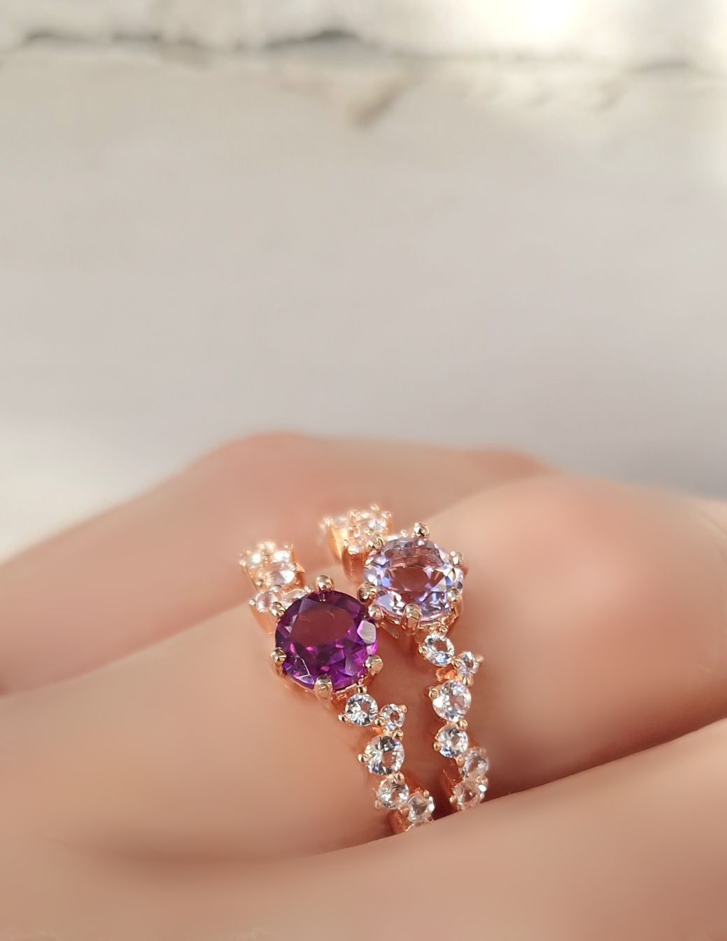 Bagues Aurore  argent 925 doré or rose,  améthyste lavande, grenat rhodolite et  petites topazes incolores