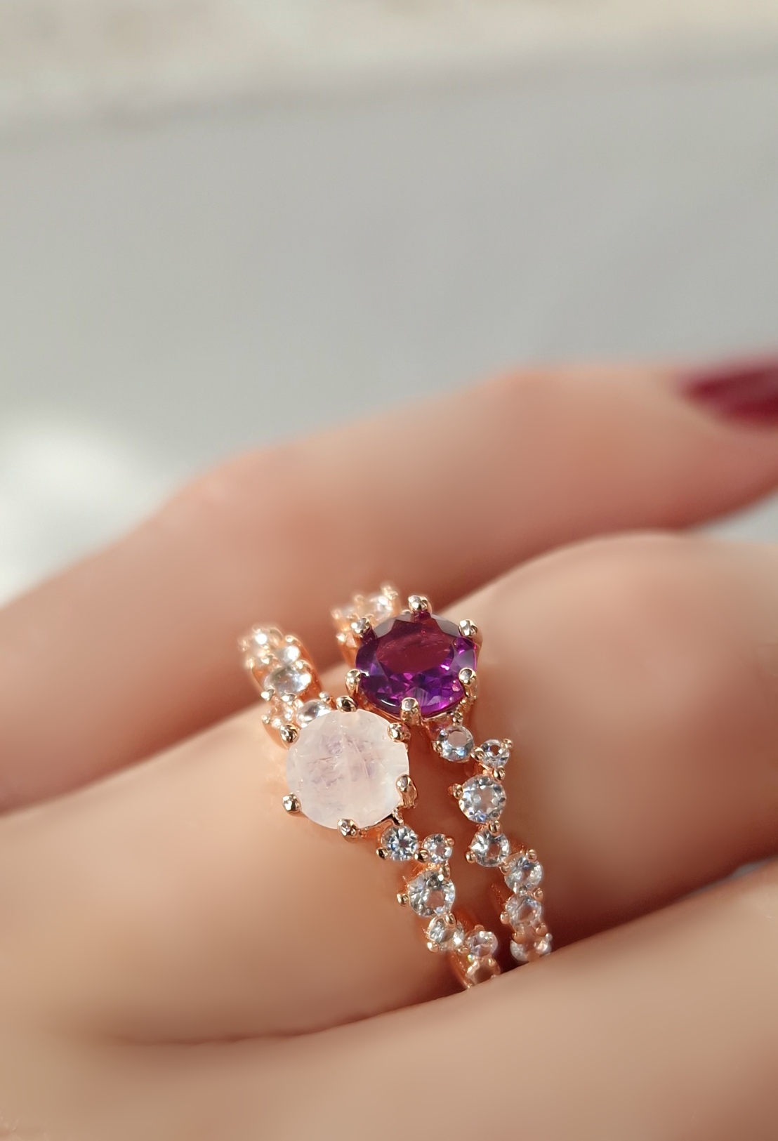 Bagues Aurore  argent 925 doré or rose,  grenat rhodolite,  pierre de lune et petites topazes incolores