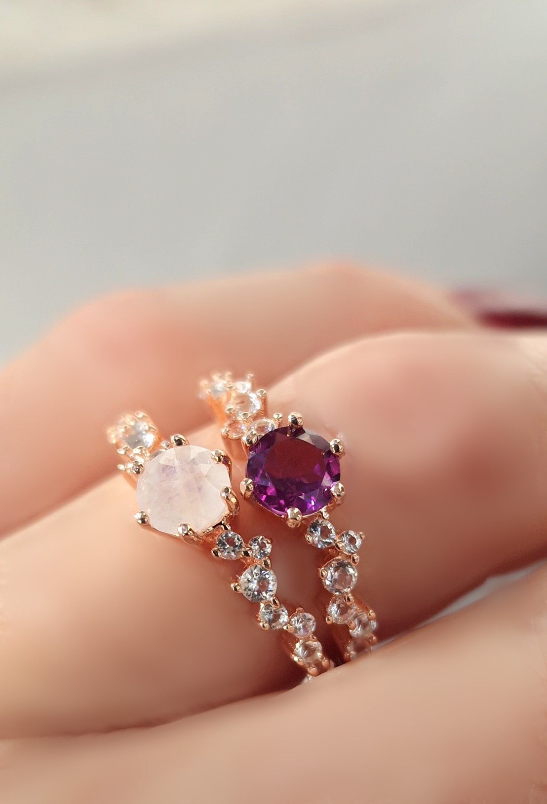 Bagues Aurore  argent 925 doré or rose,  grenat rhodolite,  pierre de lune et petites topazes incolores