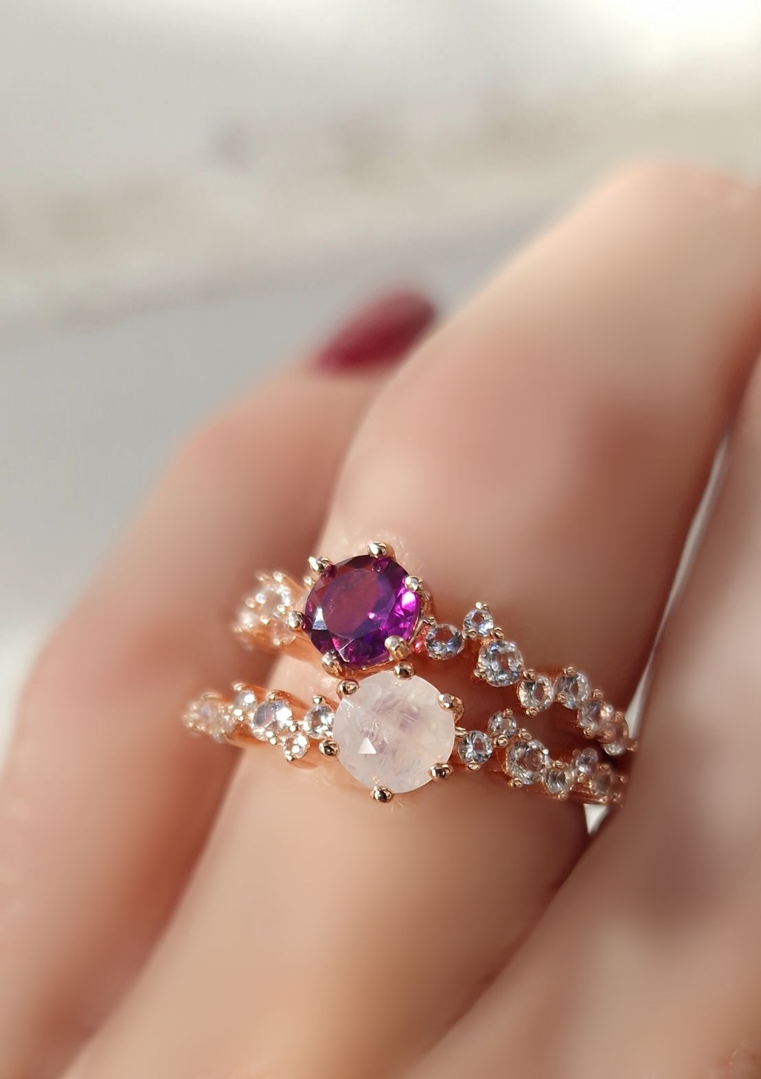 Bagues Aurore  argent 925 doré or rose,  grenat rhodolite,  pierre de lune et petites topazes incolores