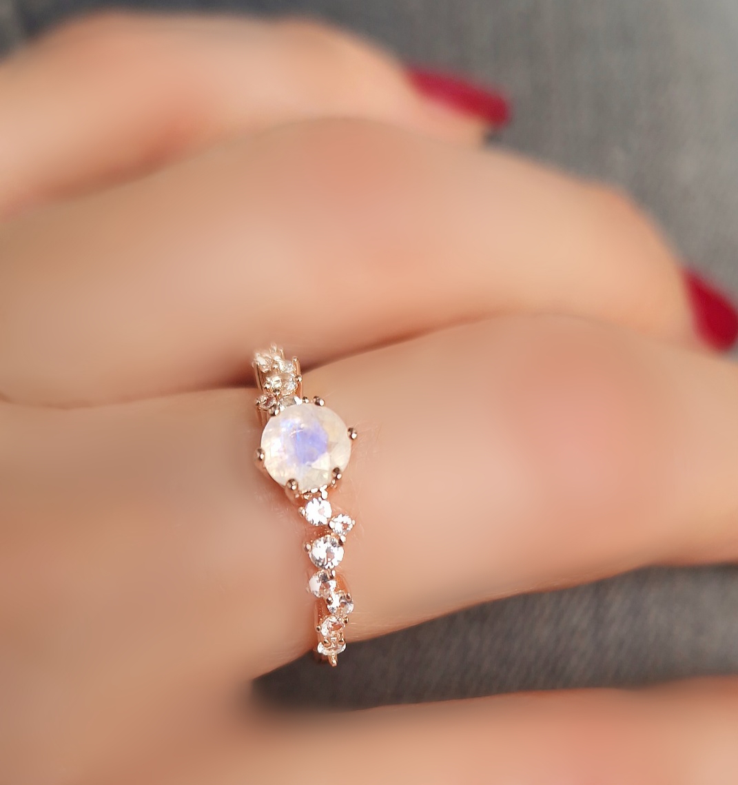 Bague Aurore  argent 925 doré or rose,  pierre de lune et petites topazes incolores