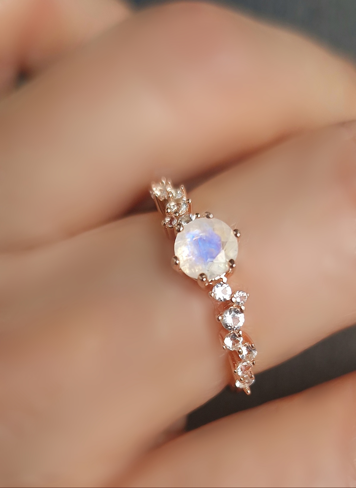 Bague Aurore  argent 925 doré or rose,  pierre de lune et petites topazes incolores