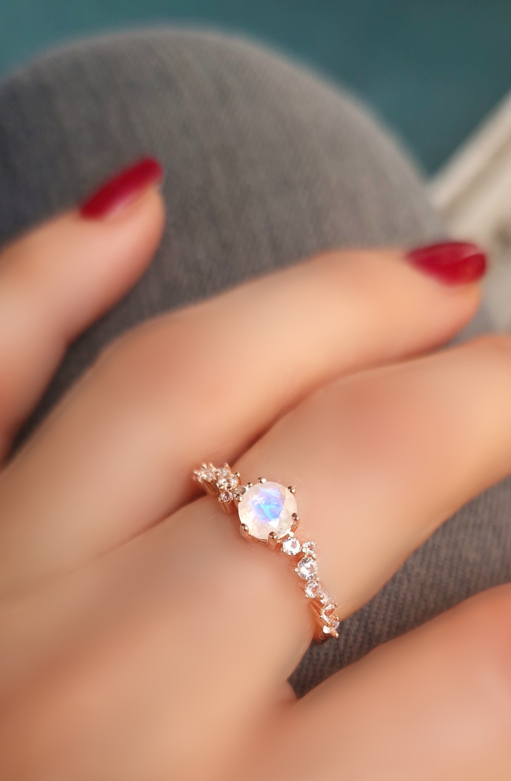 Bague Aurore  argent 925 doré or rose,  pierre de lune et petites topazes incolores