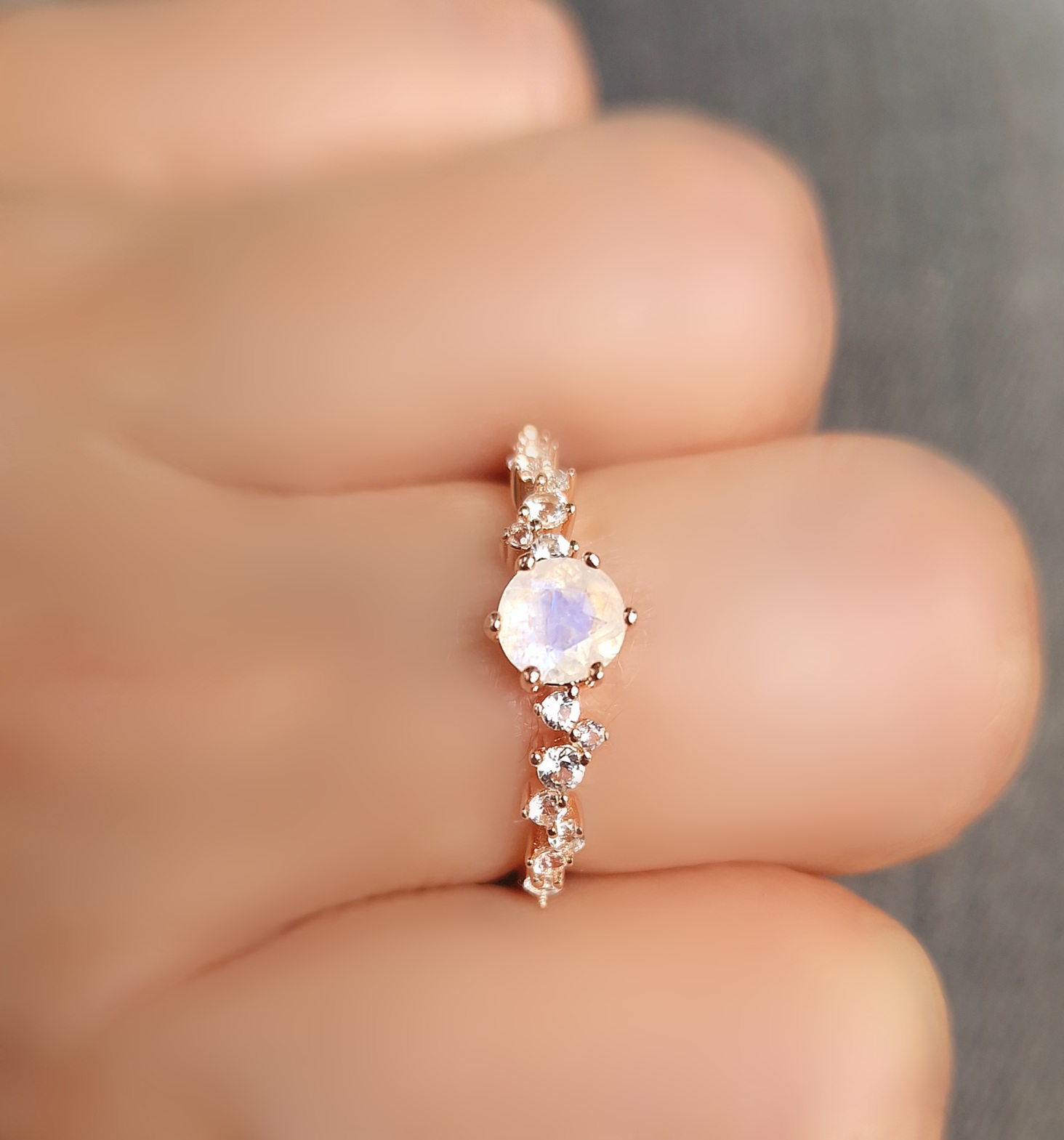 Bague Aurore  argent 925 doré or rose,  pierre de lune et petites topazes incolores