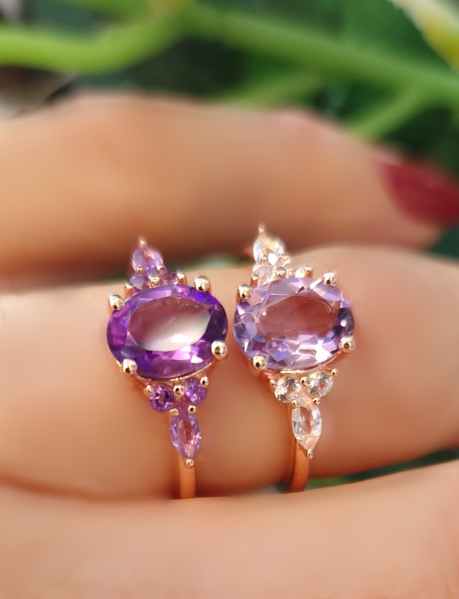 Bagues Divine argent doré or rose, améthyste et améthyste lavande