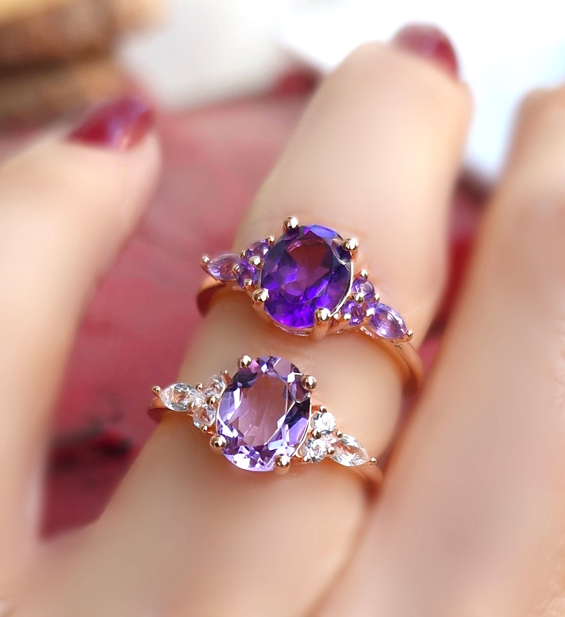 Bagues Divine argent doré or rose, améthyste et améthyste lavande