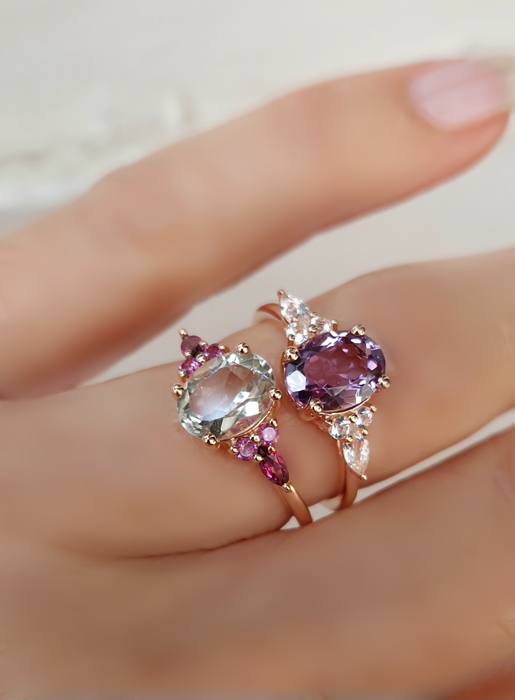 Bagues Divine argent doré or rose, améthyste lavande et prasiolite