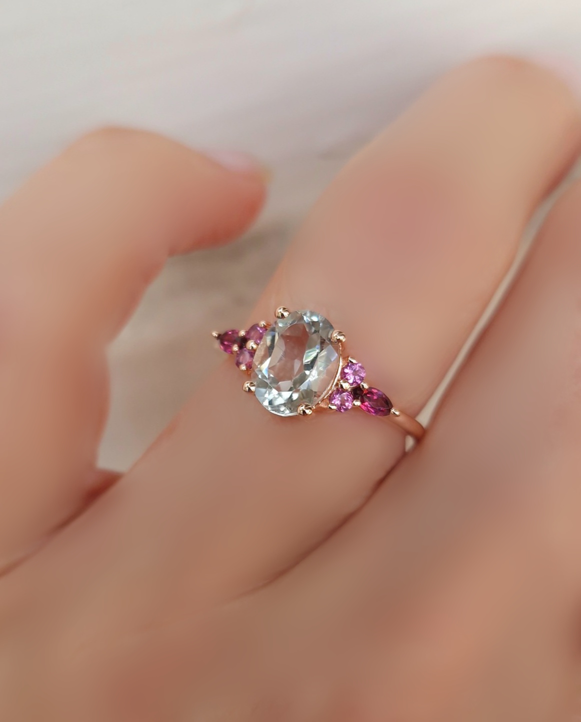 Bague Divine argent 925 doré or rose, prasiolite ovale et grenat rhodolite