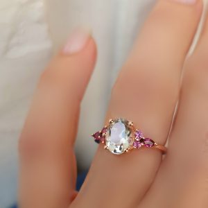 Bague Divine argent 925 doré or rose, prasiolite ovale et grenat rhodolite