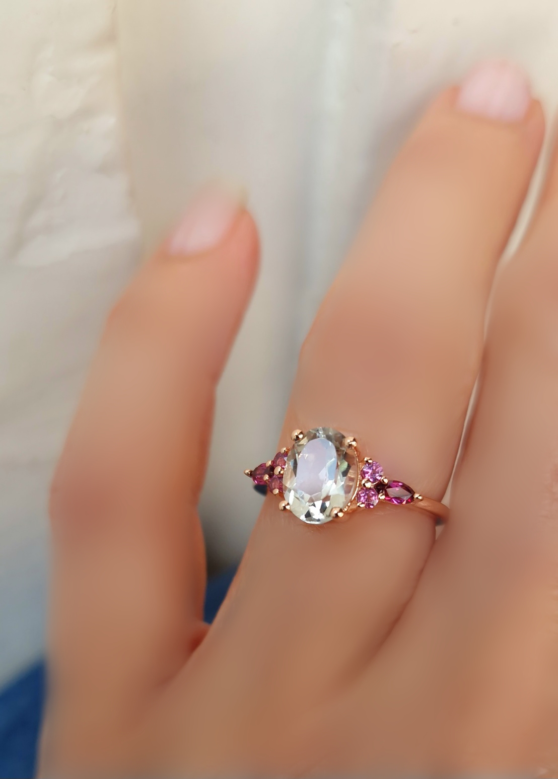 Bague Divine argent 925 doré or rose, prasiolite ovale et grenat rhodolite