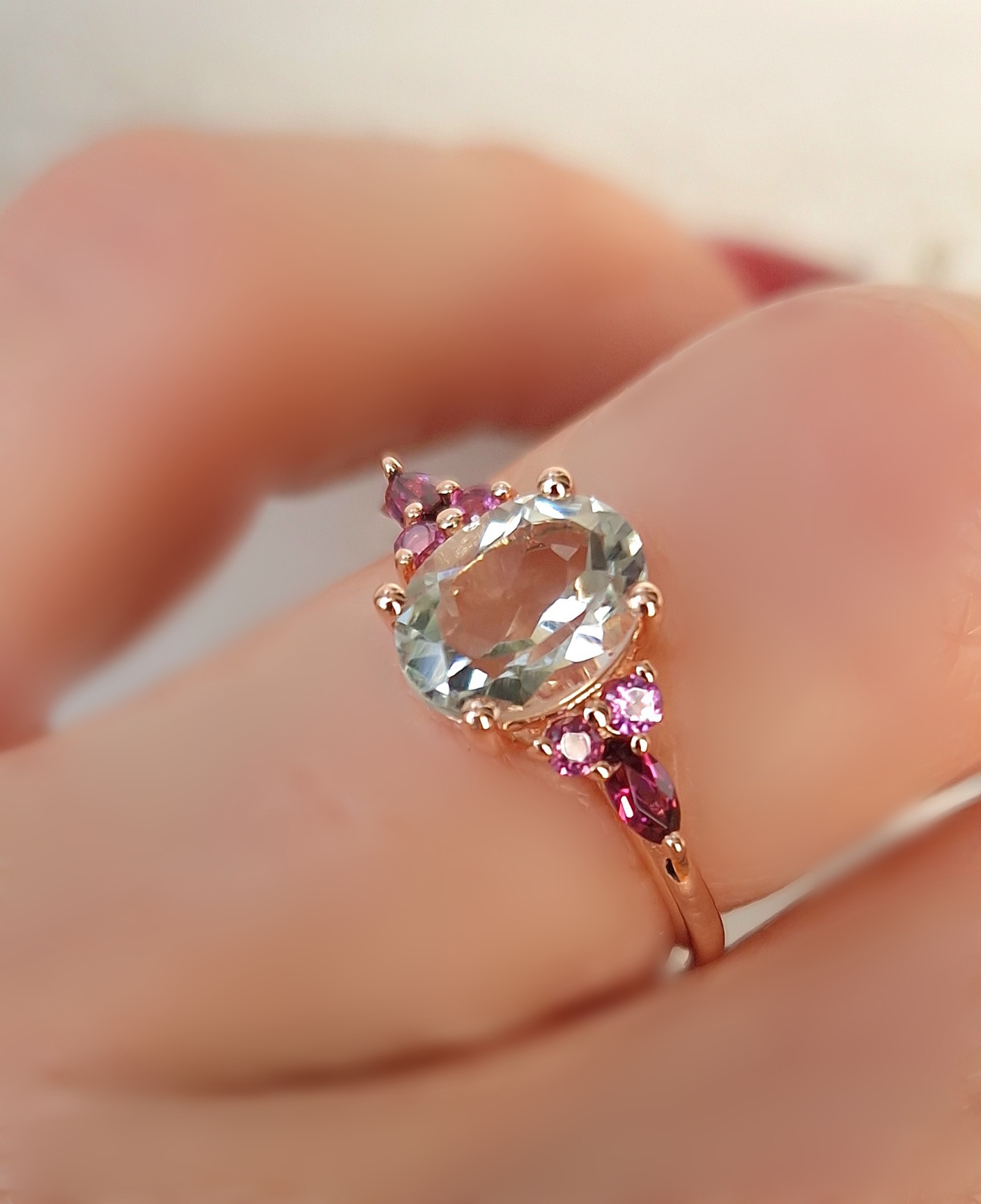 Bague Divine argent 925 doré or rose, prasiolite ovale et grenat rhodolite