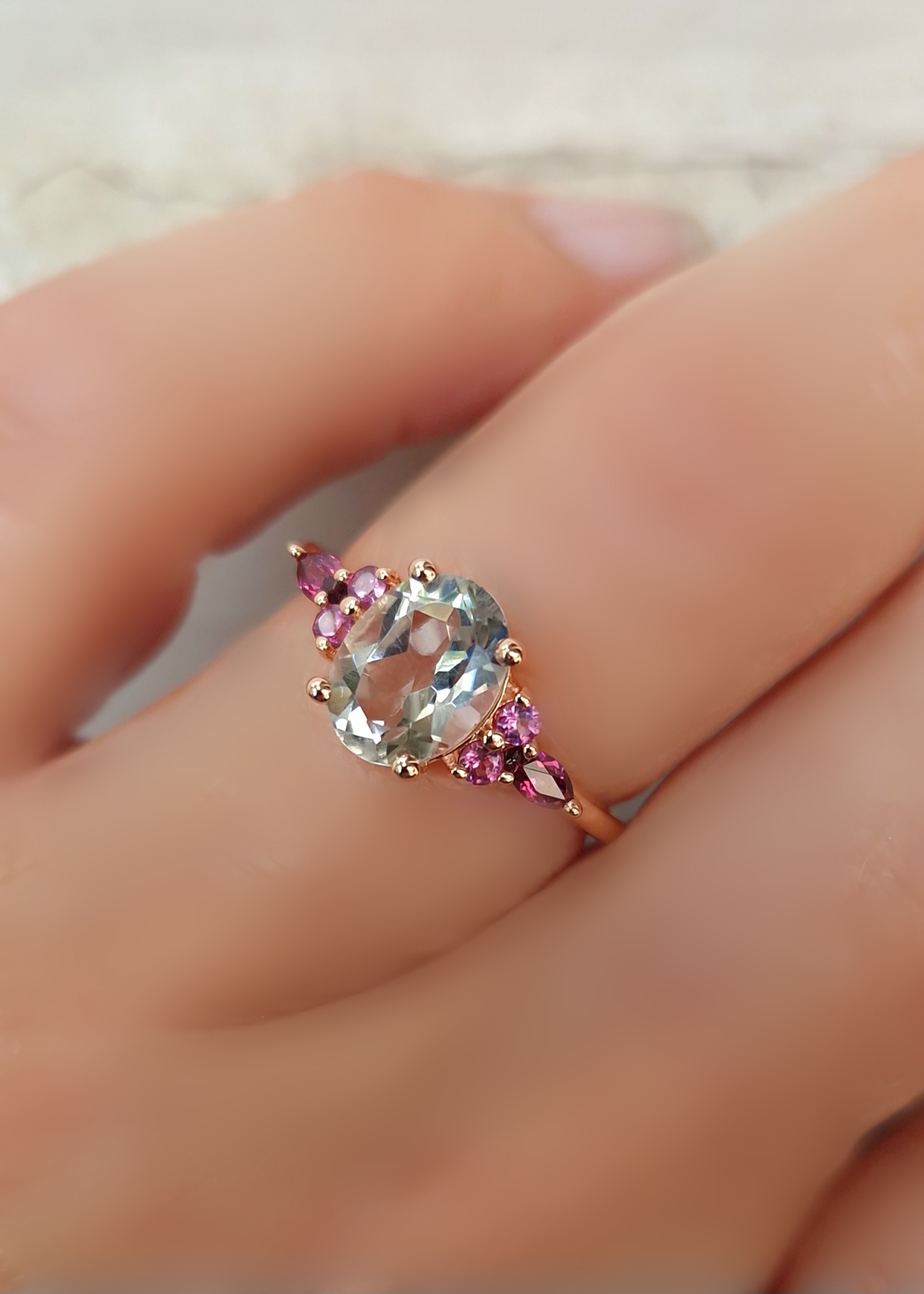 Bague Divine argent 925 doré or rose, prasiolite ovale et grenat rhodolite