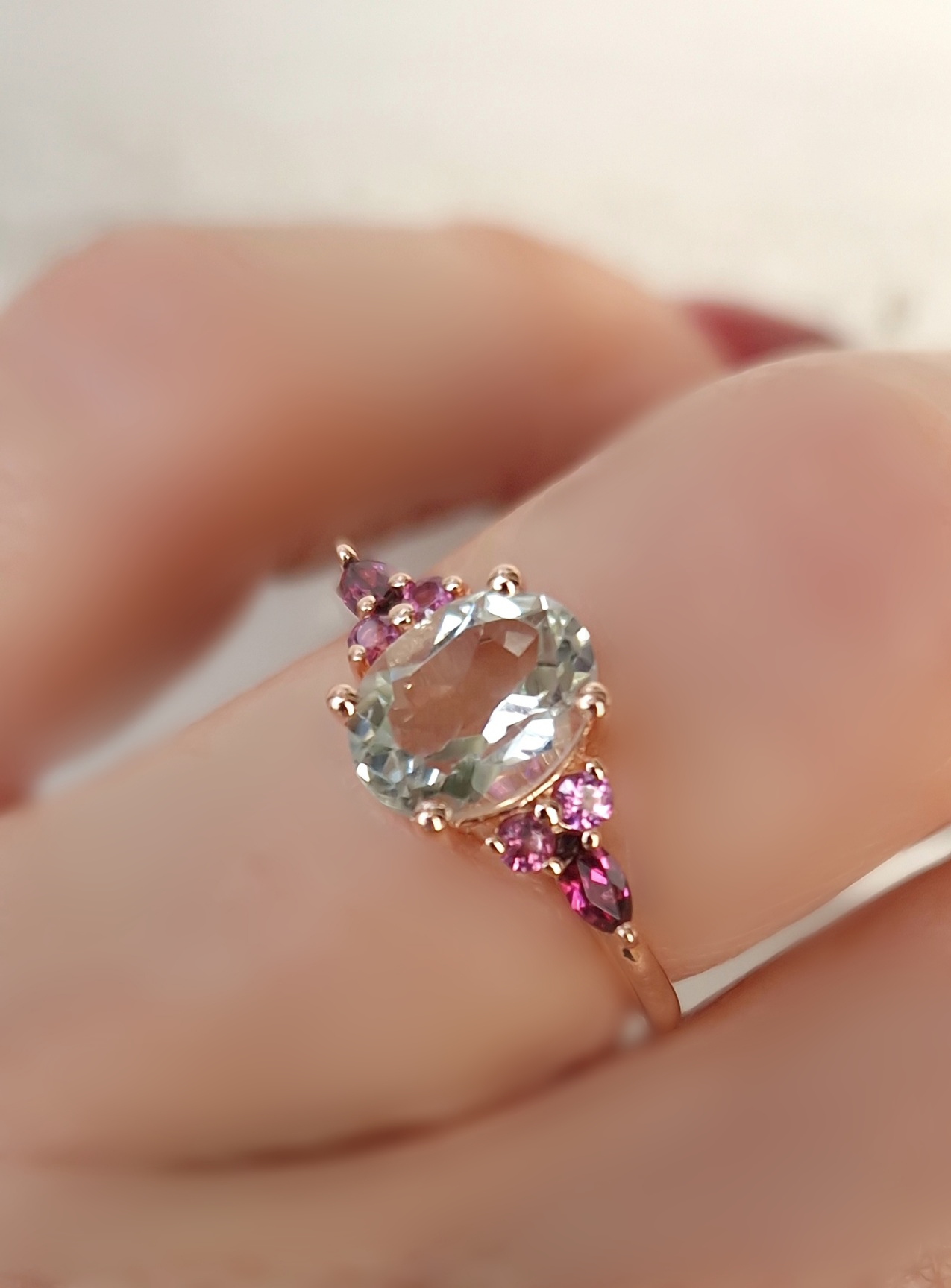 Bague Divine argent 925 doré or rose, prasiolite ovale et grenat rhodolite