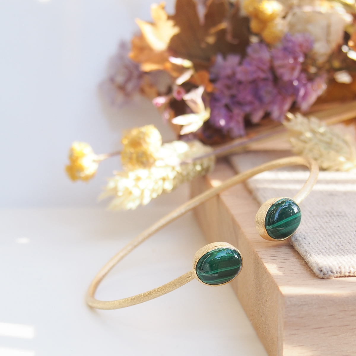 Bracelet jonc argent doré et malachite
