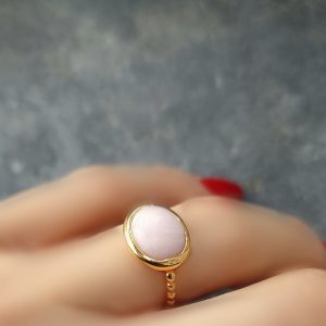 Bague Galet argent 925 doré or jaune et opale rose cabochon