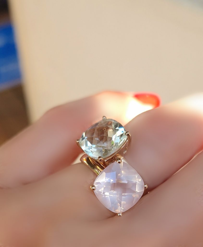 Bagues Solitaire prasiolite et quartz rose AlexBok création bijoux pour femme en pierre naturelle