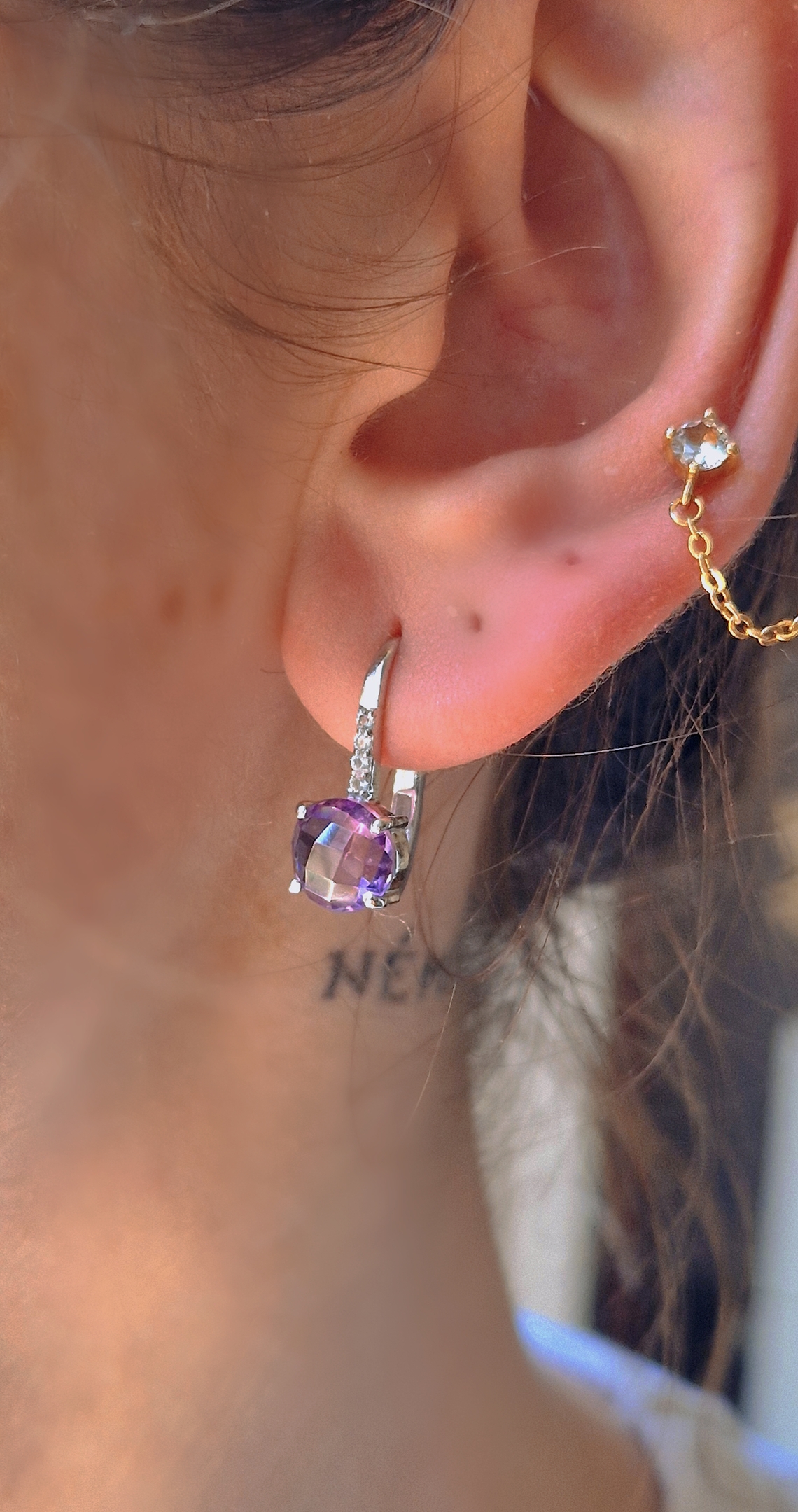 Boucles d’oreilles Pompon pavage argent 925 rhodié et améthyste