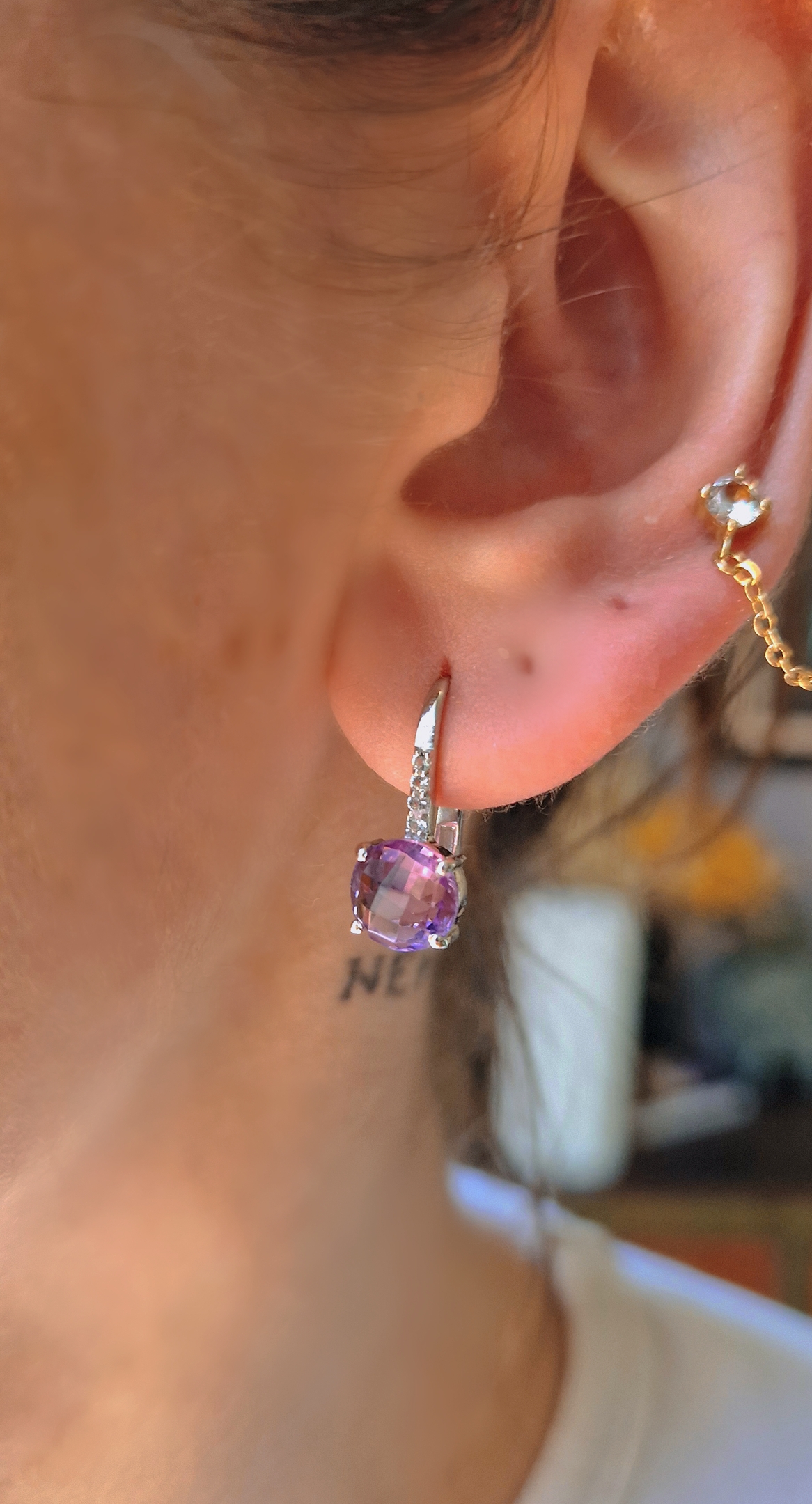 Boucles d’oreilles Pompon pavage argent 925 rhodié et améthyste