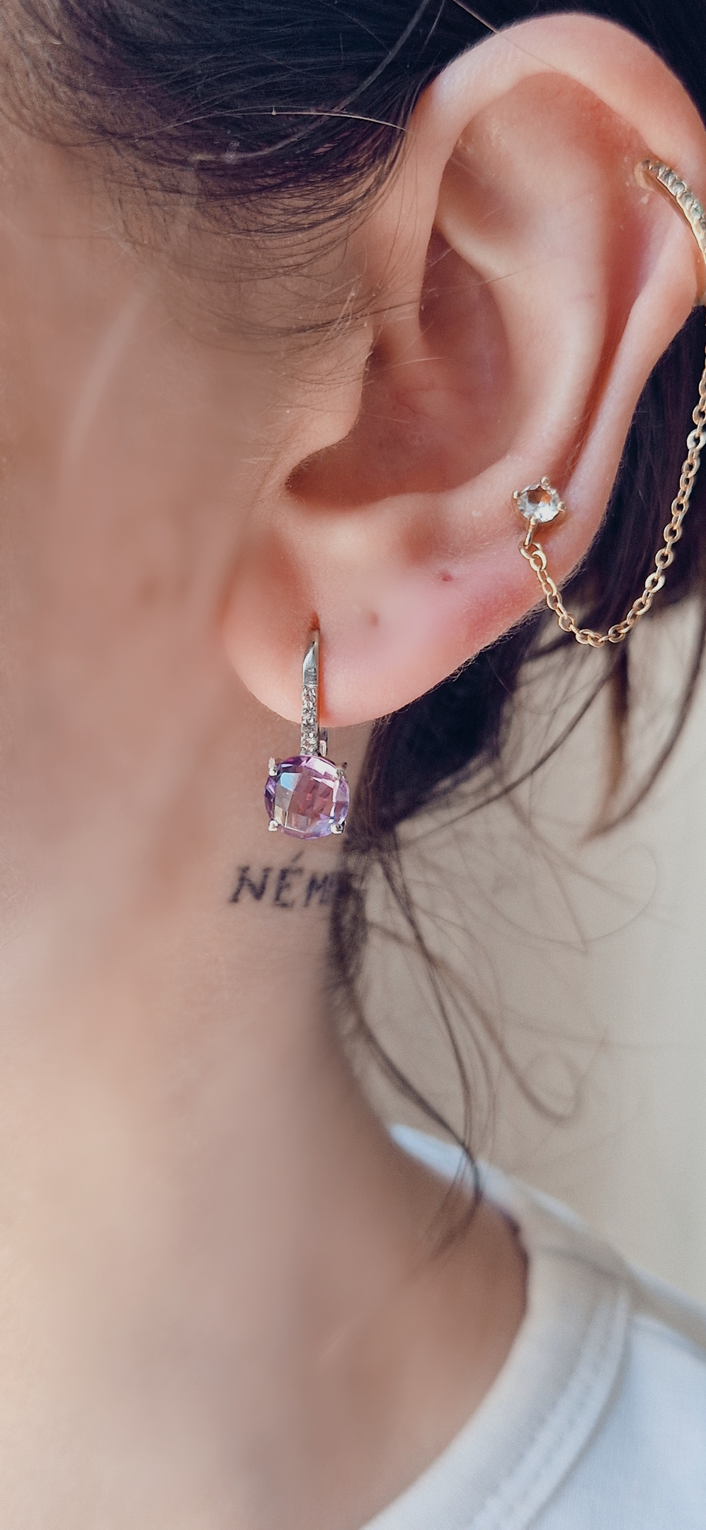 Boucles d’oreilles Pompon pavage argent 925 rhodié et améthyste