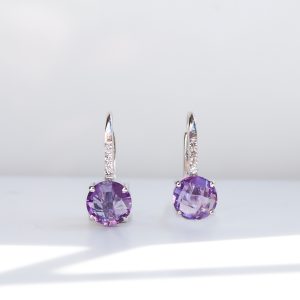 Boucles d'oreilles Pompon pavage argent 925 rhodié et améthyste-AlexBok gemmologue et création bijoux pour femme en pierres naturelles