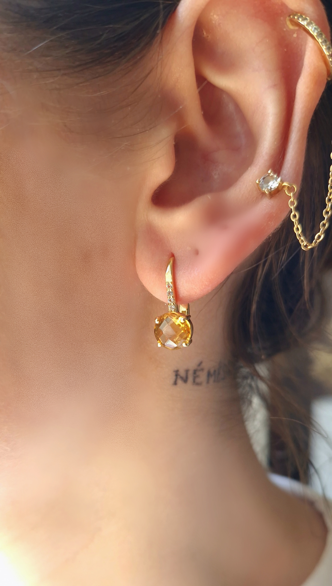 Boucles d’oreilles Pompon pavage argent 925 doré or jaune et citrine