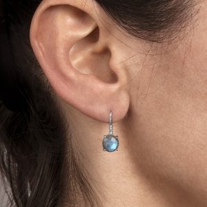Boucles d'oreilles Pompon pavage argent 925 rhodié et labradorite-AlexBok gemmologue et création bijoux pour femme en pierres naturelles