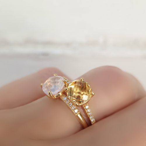 Bagues Pompon pavage diamants argent 925 doré or jaune, citrine et quartz rose-AlexBok gemmologue et création bijoux pour femme en pierres naturelles