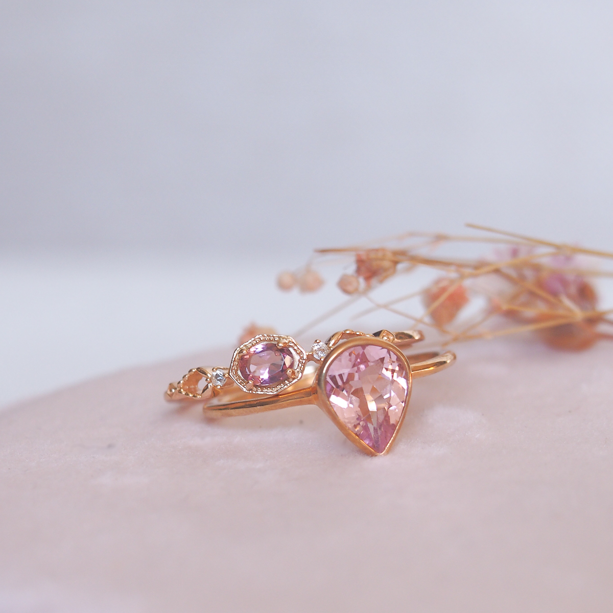 Bagues Pétale et céleste argent 925 doré or jaune et tourmaline rose-AlexBok gemmologue et créatrice de bijoux en pierres naturelles