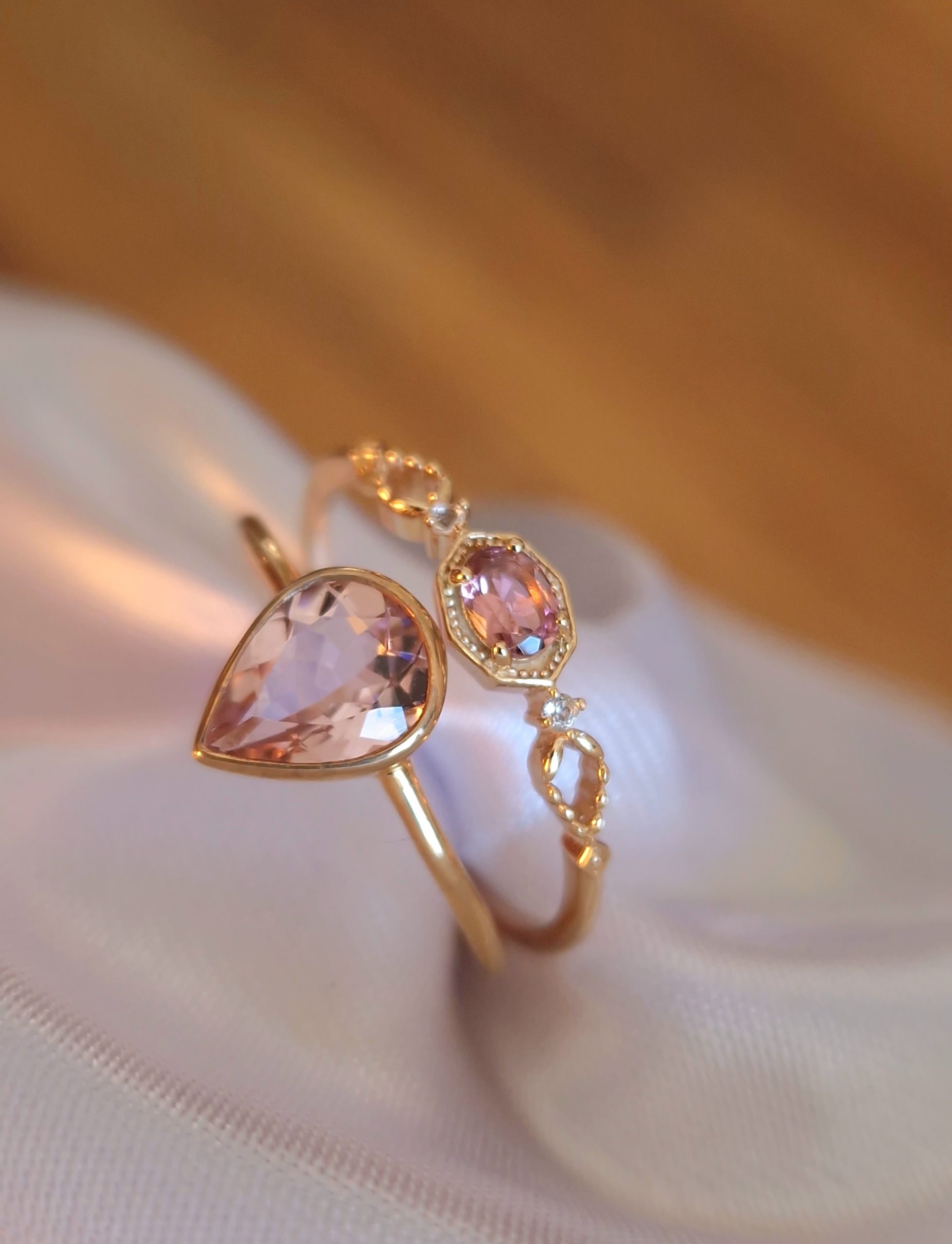 Bagues Pétale et Céleste argent 925 doré or jaune et tourmaline rose-AlexBok gemmologue et créatrice de bijoux en pierres naturelles