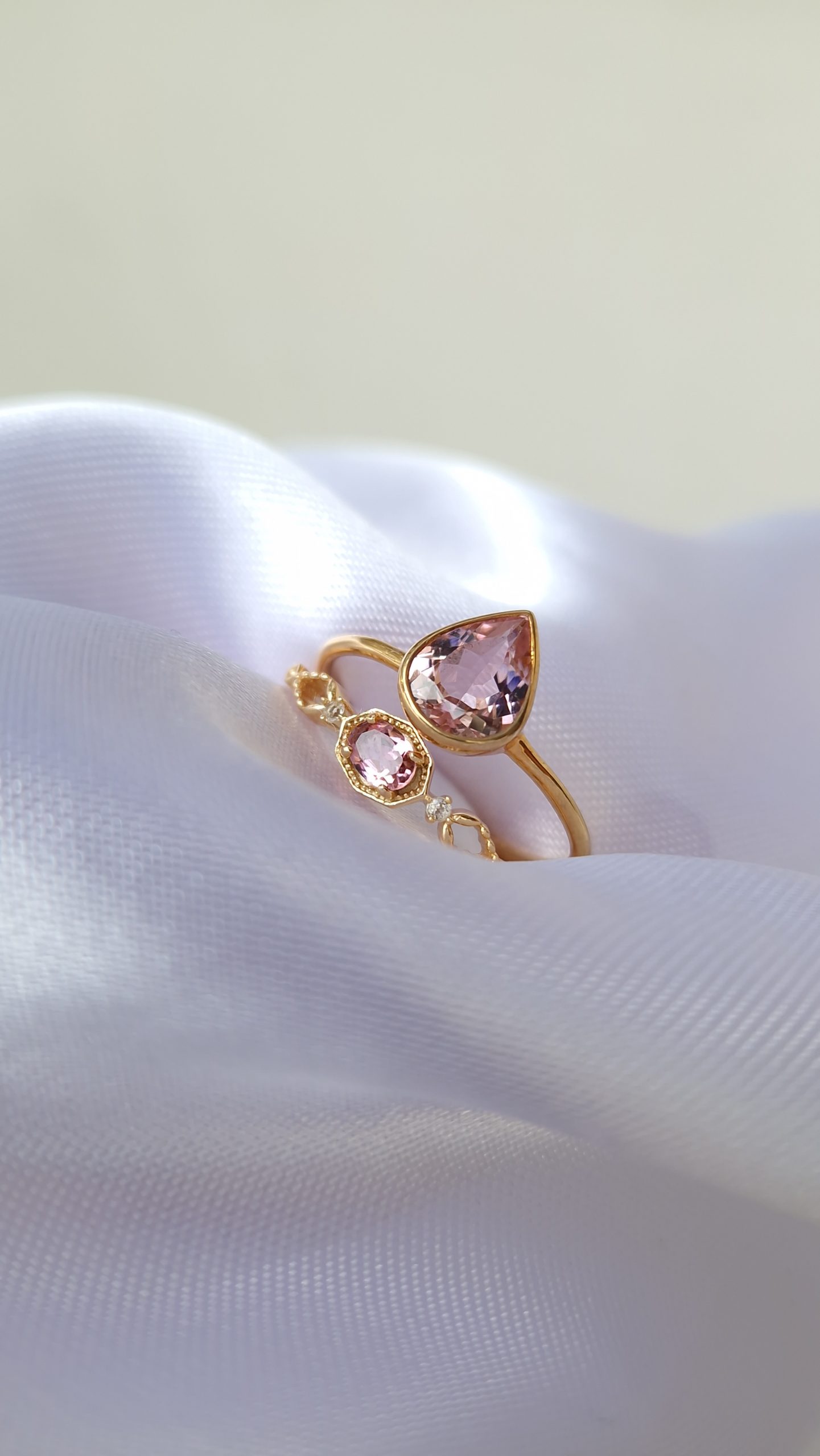 Bagues Pétale et Céleste argent 925 doré or jaune et tourmaline rose-AlexBok gemmologue et créatrice de bijoux en pierres naturelles