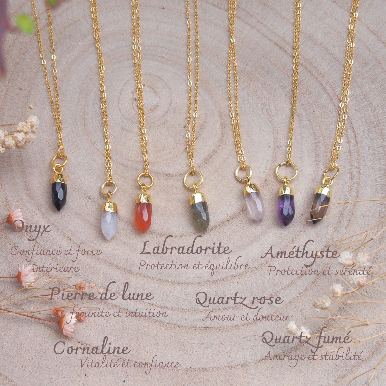 Pendentifs pour femme de petites pointes de cristal monté sur cuivre doré avec onyx, pierre de lune, cornaline, labradorite, quartz rose, améthyste  sur chaîne argent doré