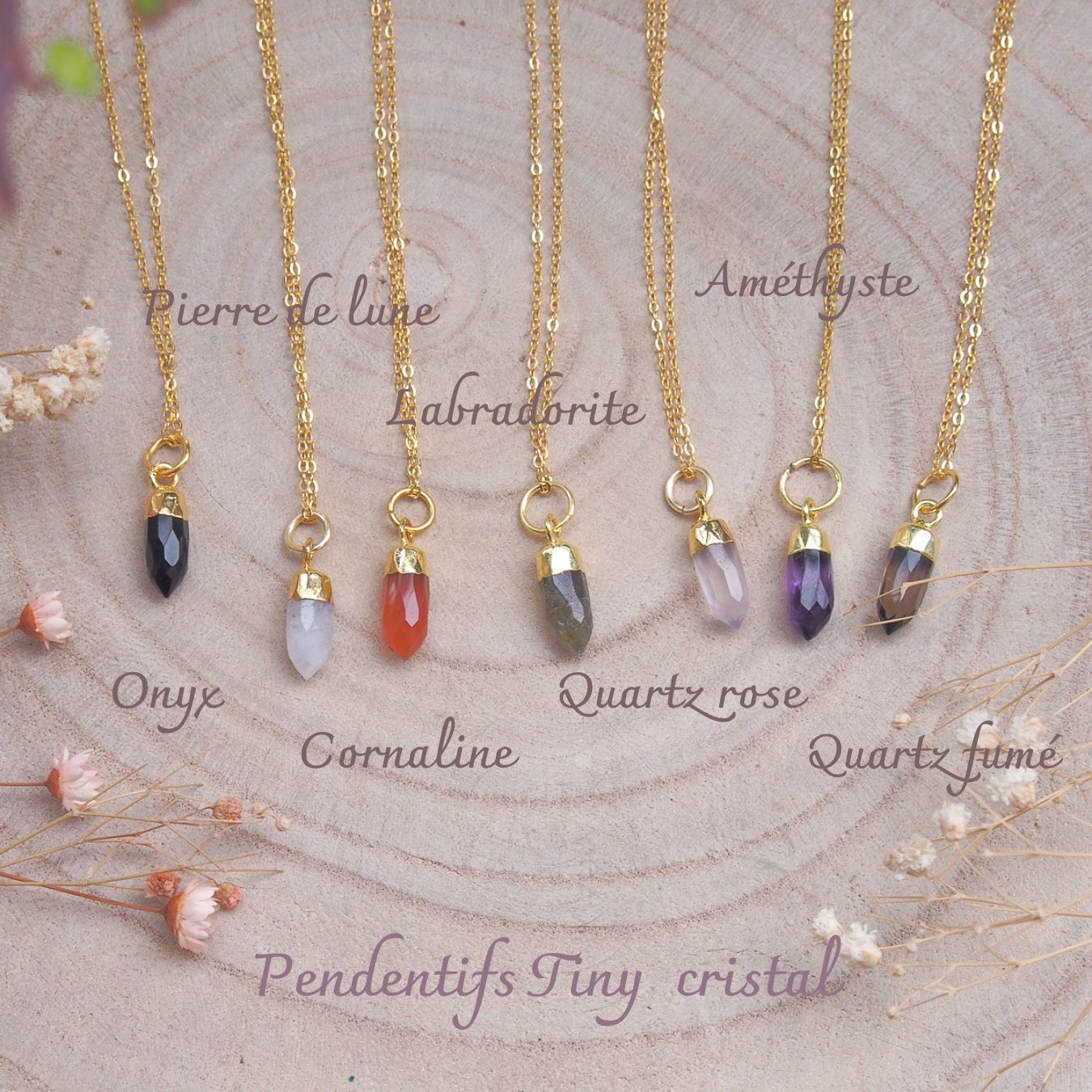 Pendentifs pour femme de petites pointes de cristal monté sur cuivre doré avec onyx, pierre de lune, cornaline, labradorite, quartz rose, améthyste sur chaîne argent doré-AlexBok gemmologue et créatrice de bijoux pour femme en pierres naturelles