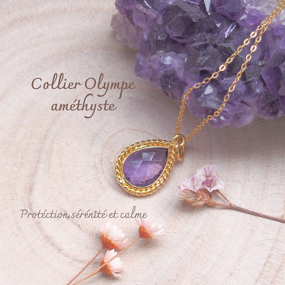 Collier Olympe en laiton doré et améthyste forme poire dans un serti torsadé monté sur chaîne argent doré