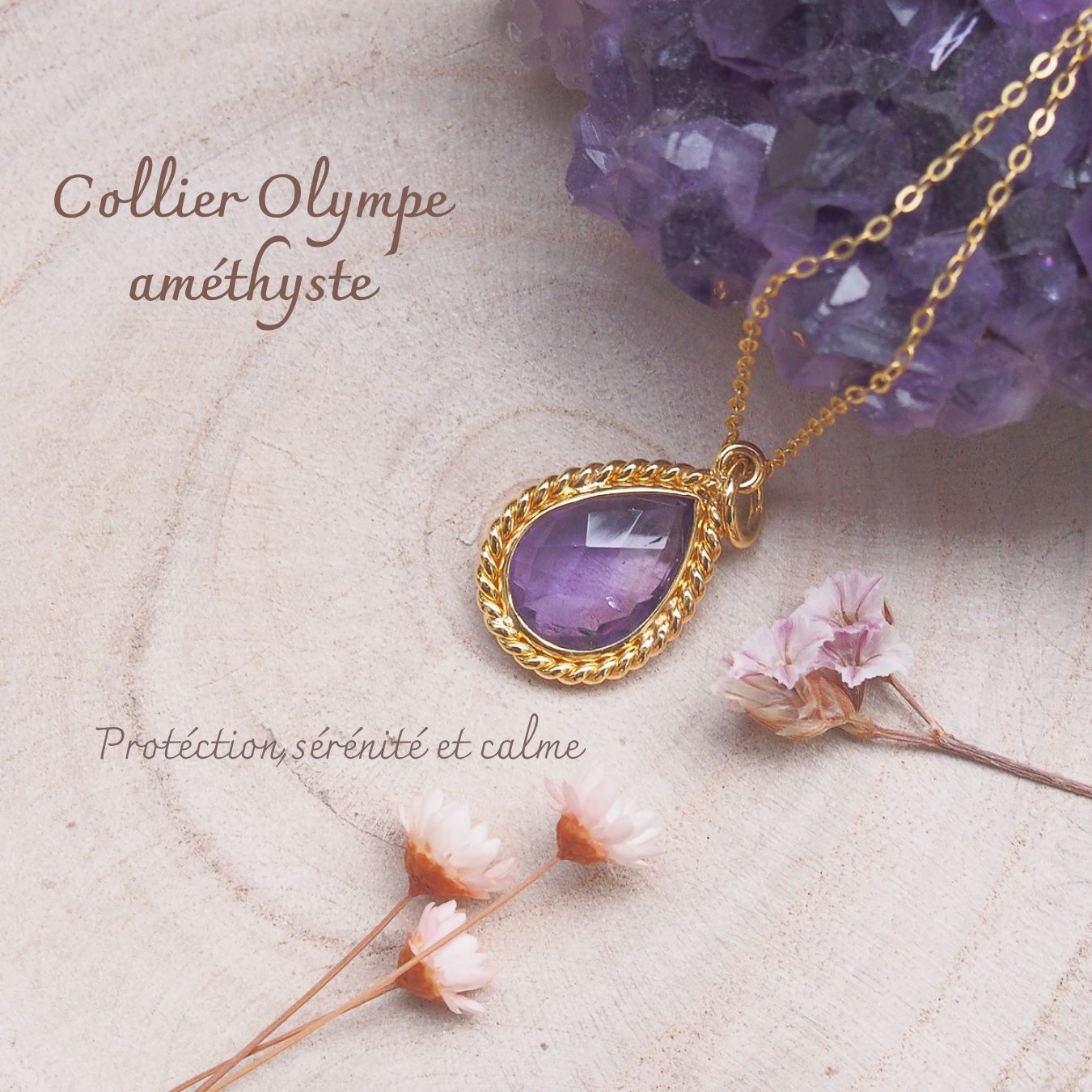 Collier femme en laiton doré et améthyste forme poire dans un serti torsadé monté sur chaîne argent doré